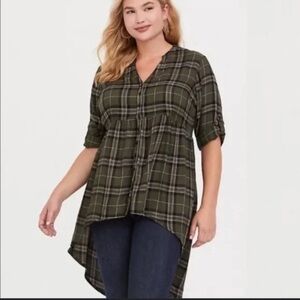 Torrid Olive Plaid Button-Up Tunic hi-low high low blouse top shirt 0